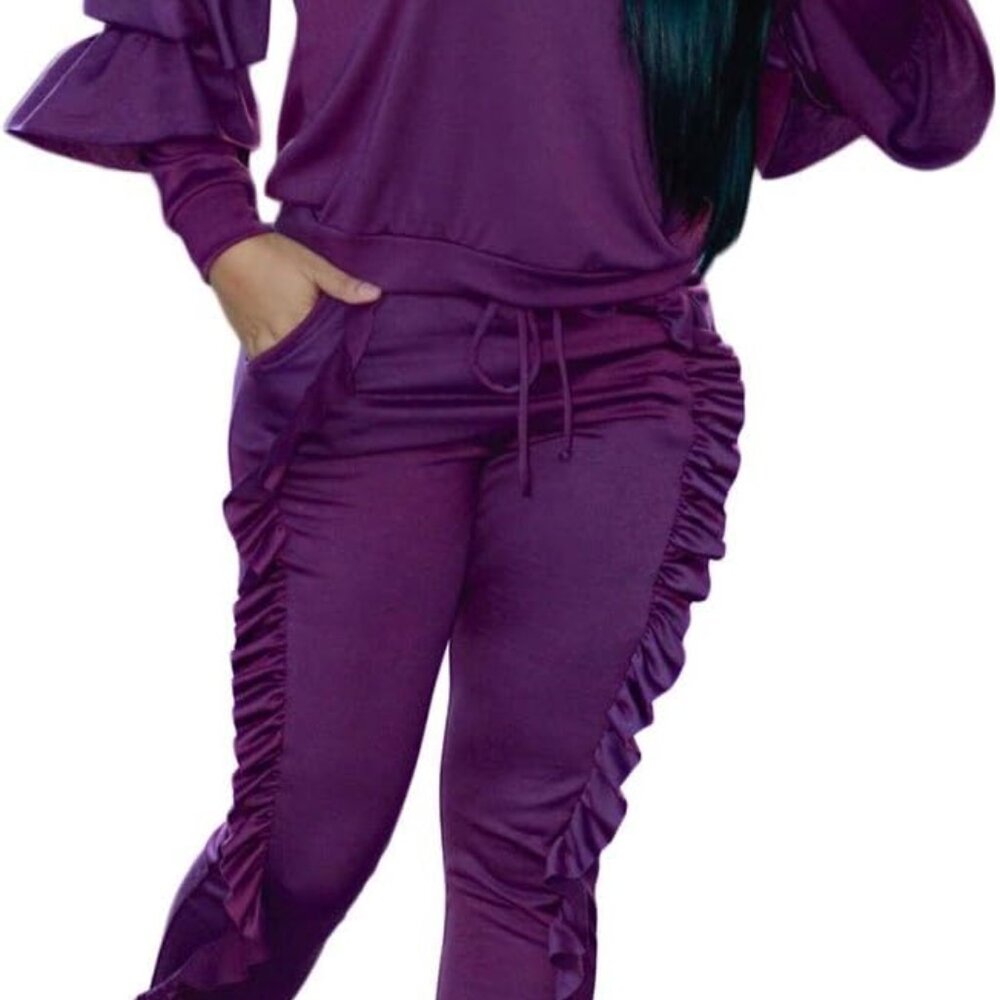 Soft And Stylish Women's Ruffle Sleeve Sweatshirt And Pants Set - Casual Fit